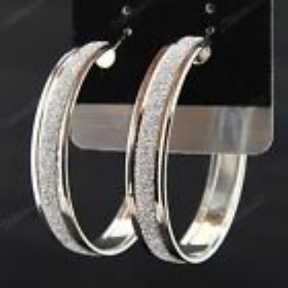 Silver Tone Frosted Hoop Earrings - Picture 2 of 2